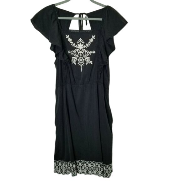 Black Old Navy Embroidered Ruffle Sleeve Cotton Rayon Dress L Pockets‎ Cottage - Picture 1 of 10